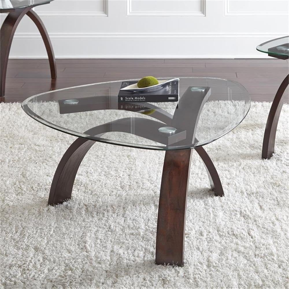 BOWERY HILL 3-Piece Coffee Table Set, Merlot Cherry Finish, Mixed Media Design, Beveled Glass Triangular Tops, Bentwood Base, Includes 1 Coffee Table and 2 End Tables, Modern Living Room Furniture