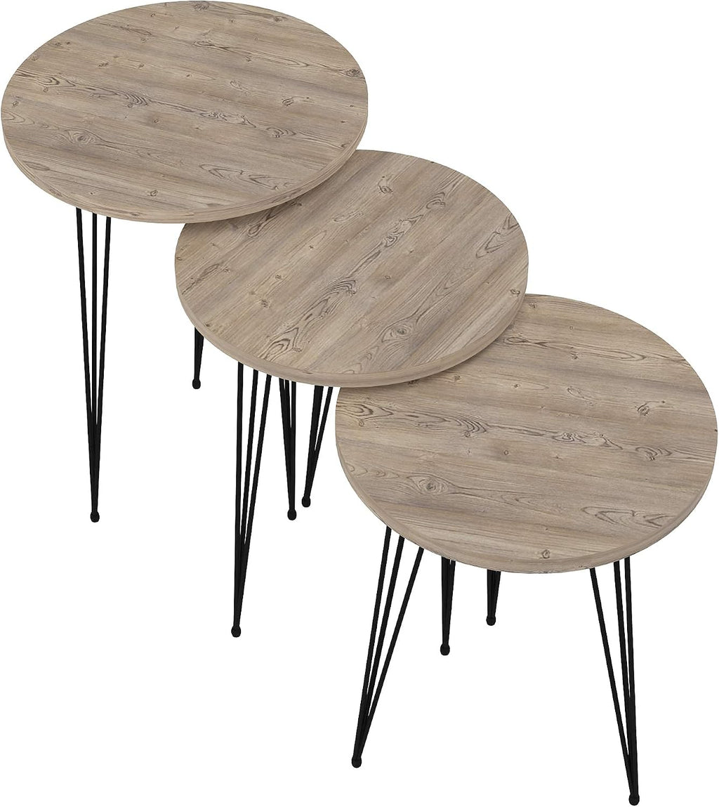 Set of 3 Pine Wood Grey Nesting End Tables Round Wood Stacking Coffee Side Accent Table with Metal Legs for Living Room, Home Office, Nightstands for Bedroom