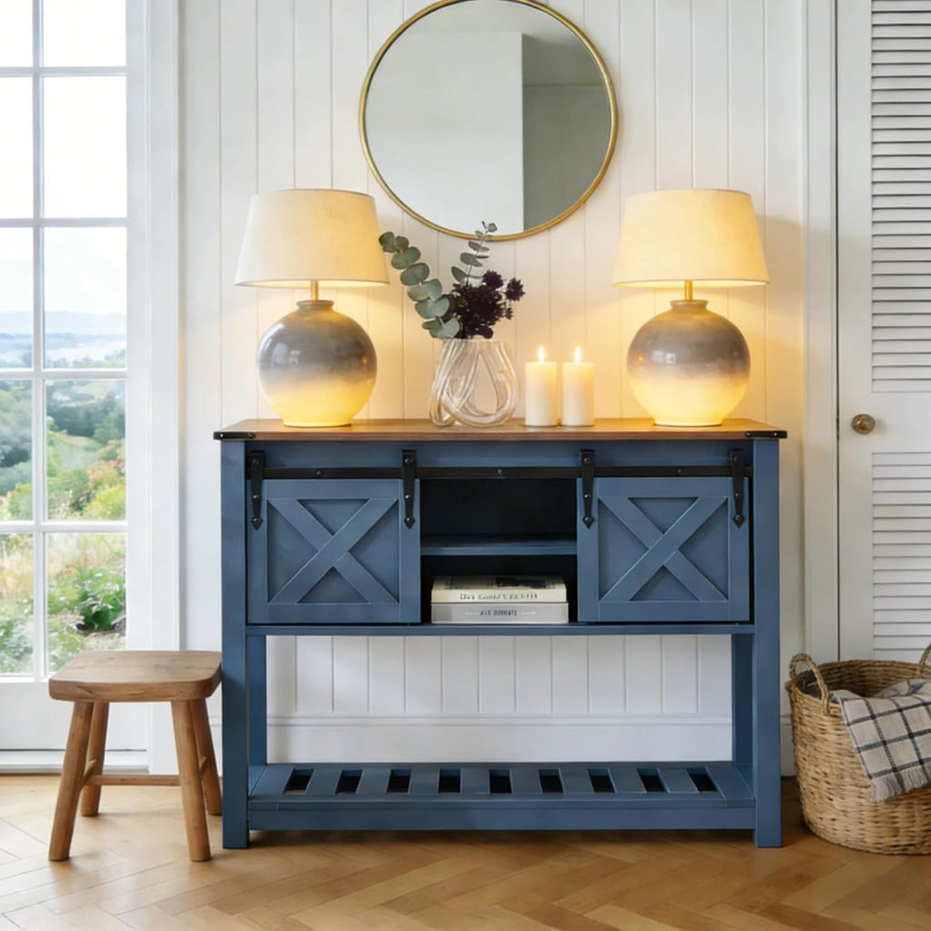 Entryway Table with Sliding Barn Doors, 43' Farmhouse Console Table with Storage Shelf, Behind Couch Sofa for Hallway, Entryway, Foyer, Navy Blue