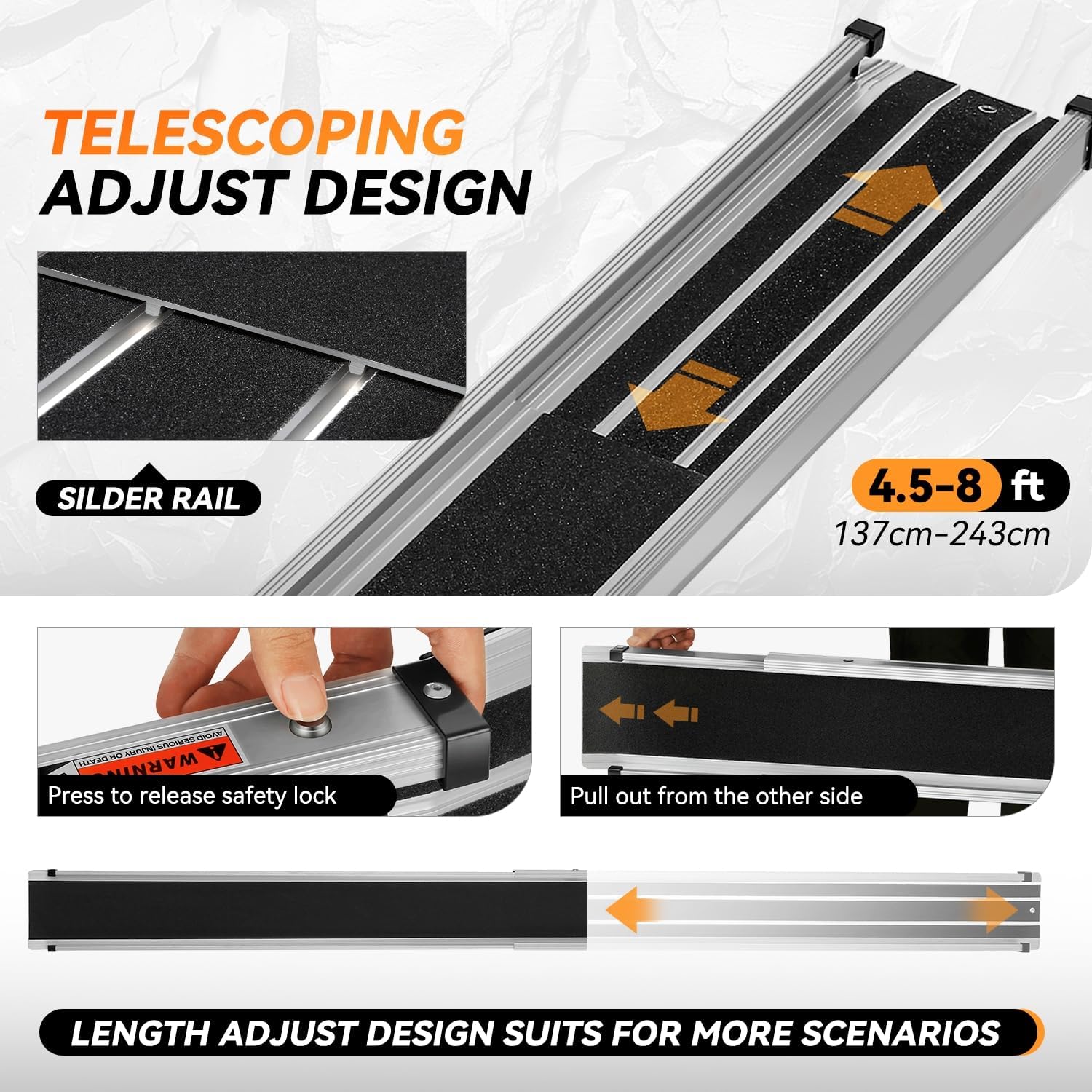 Auto Dynasty 8FT Adjustable Wheelchair Ramp with Support Stand, Portable Telescoping Folding Aluminum Wheel Chair Threshold Ramps for Home Steps Doorways, 96' L x 7.4' W, 1200Lbs Capacity (2 Pack)