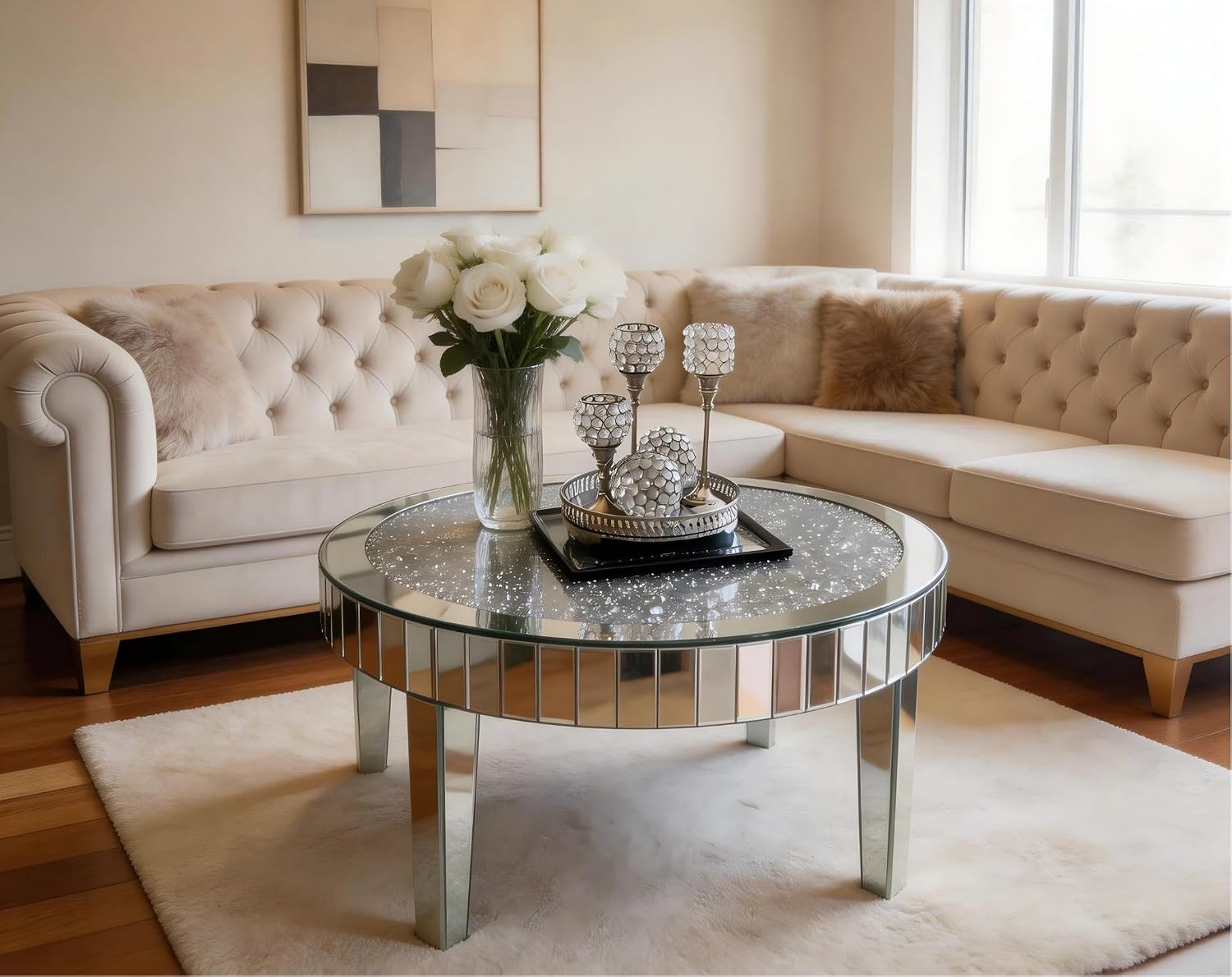 Silver Mirrored Coffee Table: 31.5 inch Round Crystal Glass Mirror Tabletop Crushed Diamond