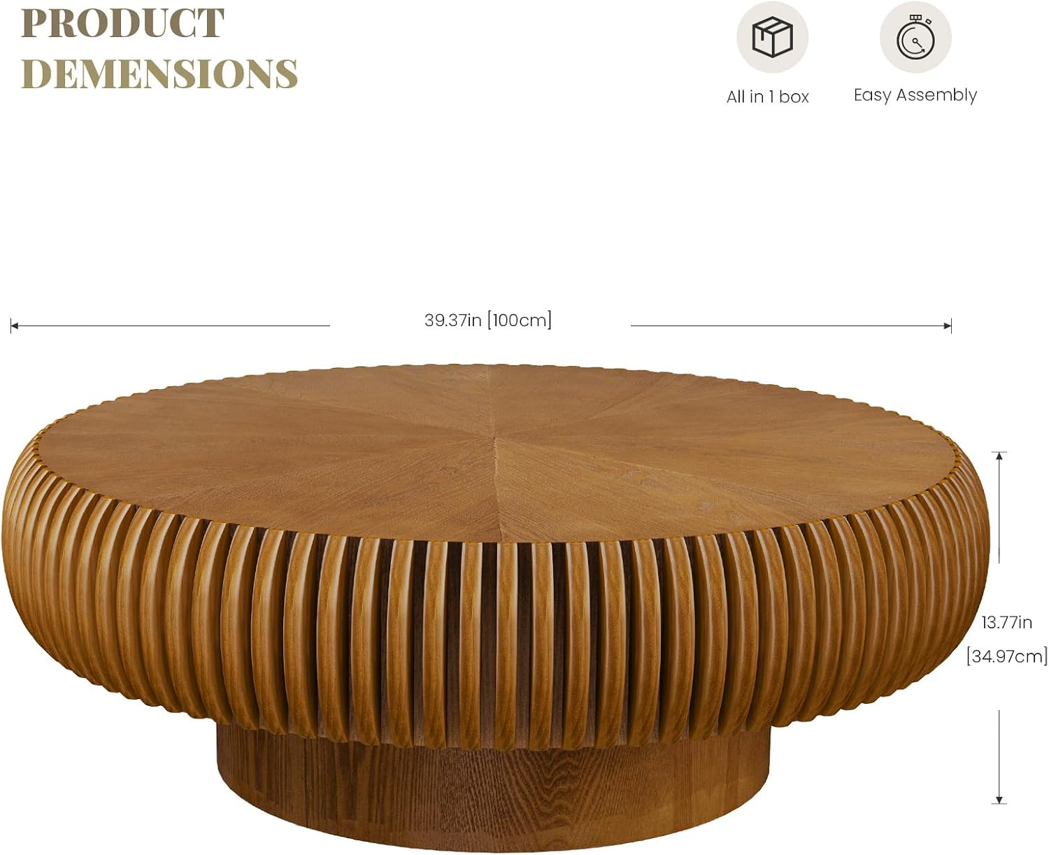 Modern Unique Round Fluted Coffee Table, Brown Wood Circle Coffee Tables, Contemporary Round Drum Accent Center Table for Living Room Reception Room