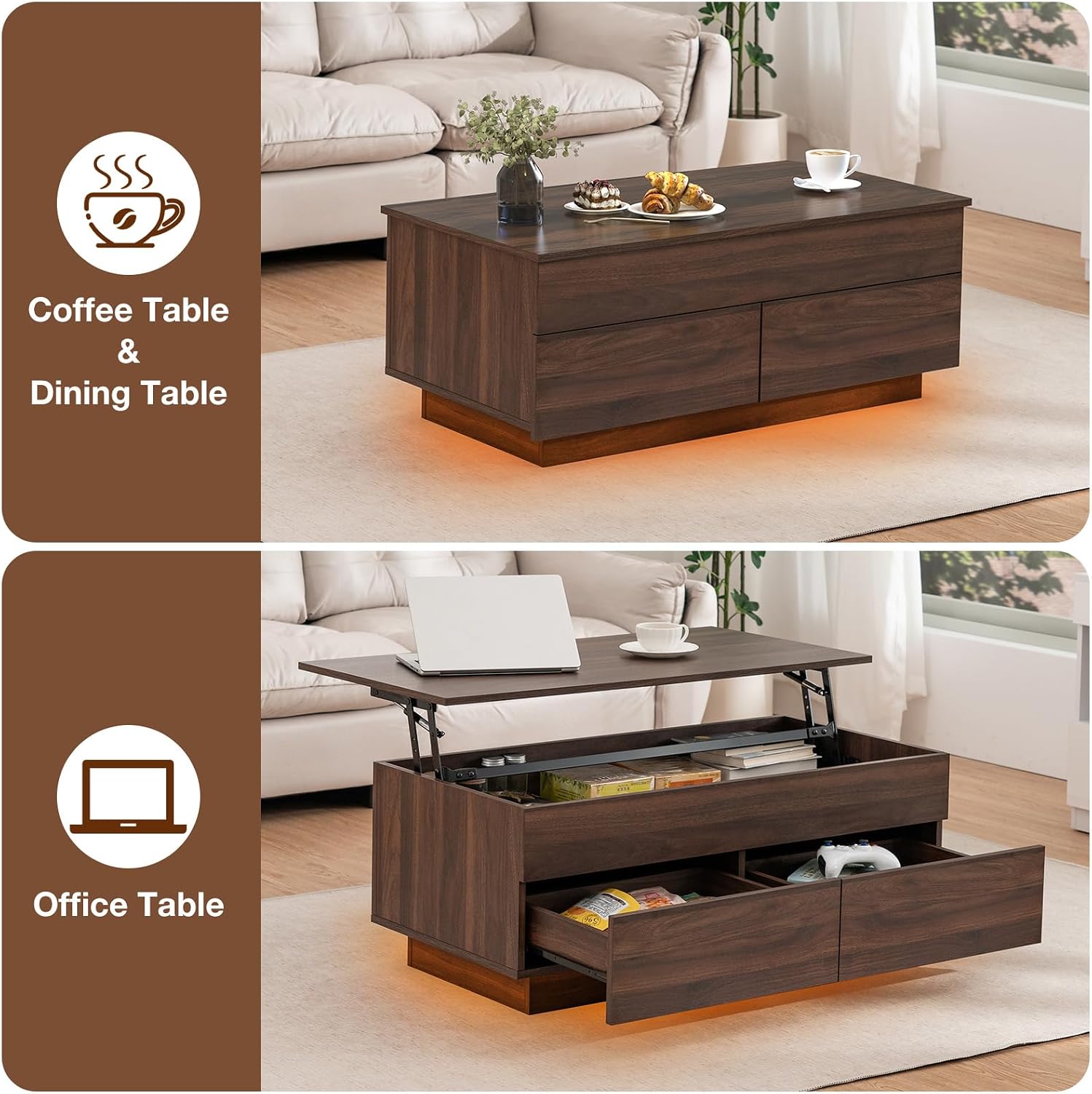 HOMMPA Modern Lift Top Coffee Table with Storage for Living Room, LED Coffee Table, Wooden Lift Table Top Dining Table with 2 Drawers Hidden Compartment & Metal Frame, Walnut