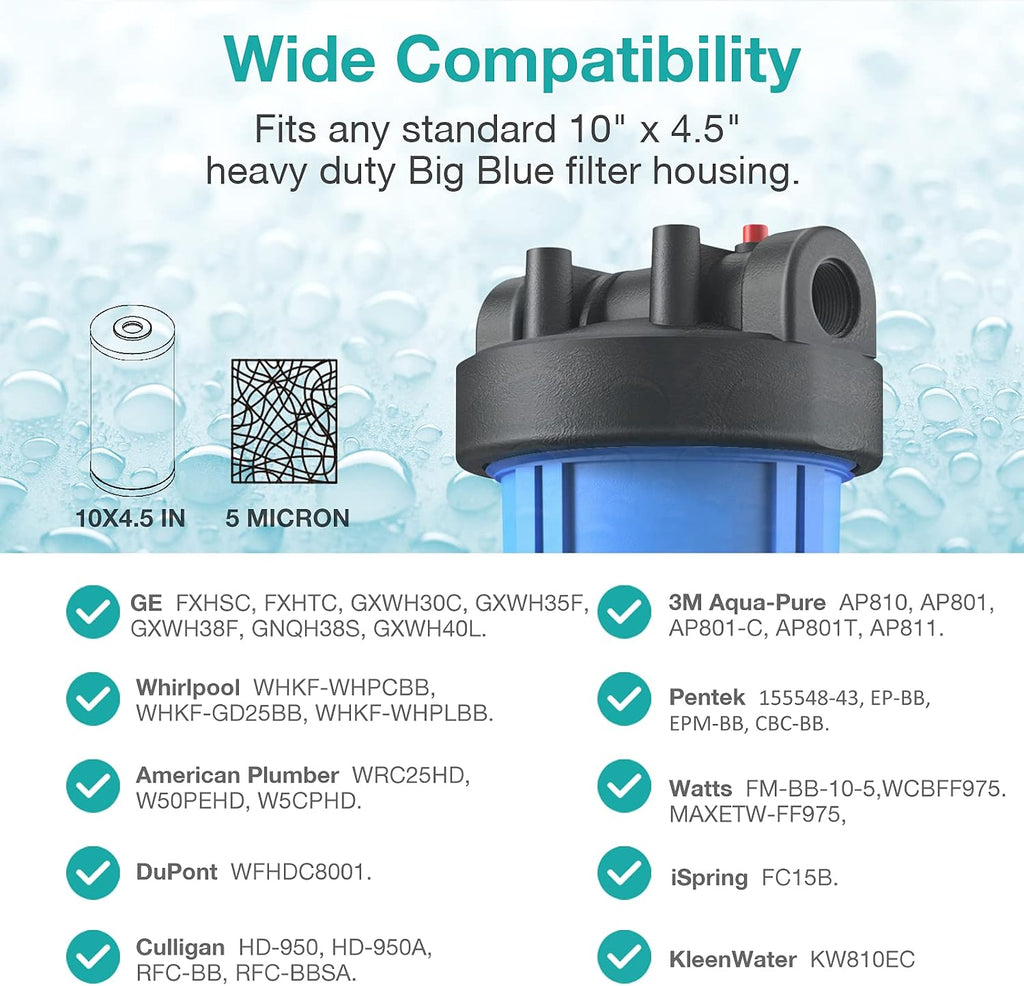 SimPure 5 Micron 10' x 4.5' Sediment and Carbon Whole House Water Filters, PGC Replacement Cartridge for GE FXHTC, GXWH40L, RFC-BB / 155141-43, WRC25HD, WDGD-5005, W10-PR, W15-PR, 9 Pack