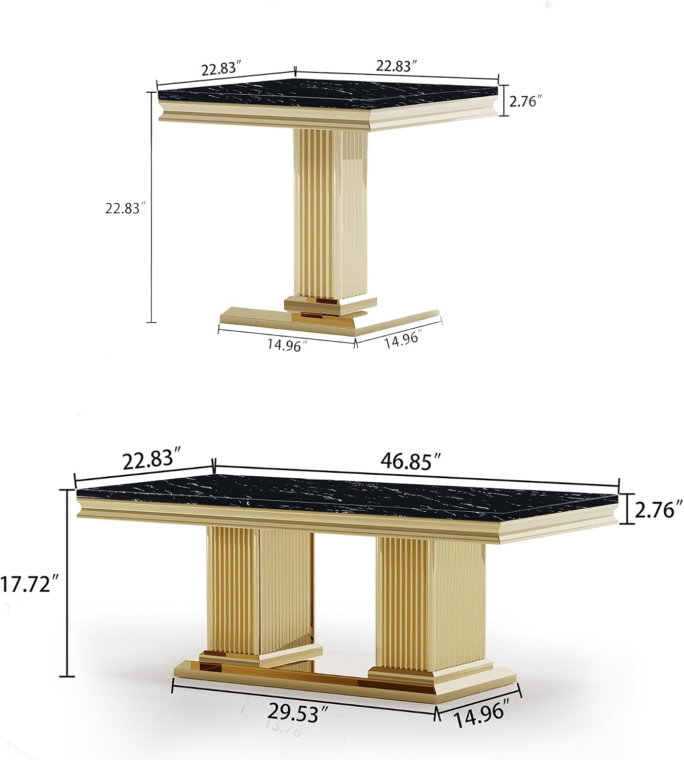2 Pieces Coffee Table Set, Faux Marble Living Room Table Set of 2, Modern Coffee Table and End Table with Column-Shaped Stainless Steel Base for Living Room Office (Black Gold)