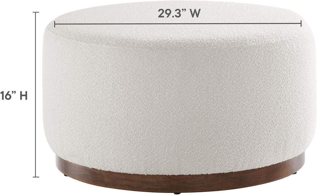 Modway Tilden 29 Inch Round Boucle Upholstered Ottoman in Cloud Walnut - Round Ottoman Coffee Table for Living Room - Large Ottoman Foot Rest with Rubberwood Plinth Base