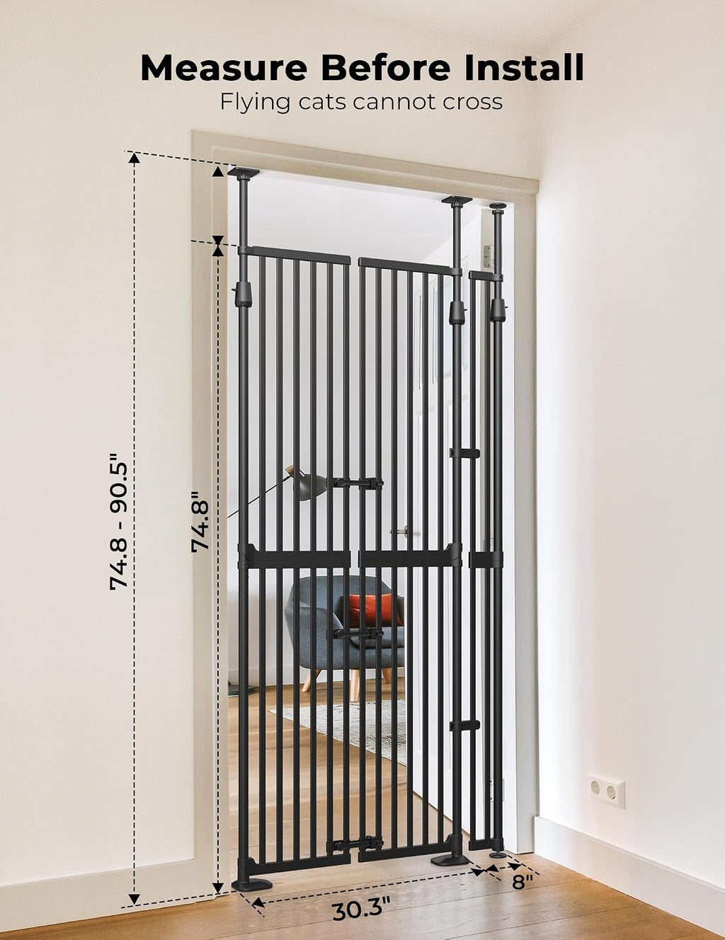 Extra Tall Cat Gate, 74.8'–90.5' High x 30.3'–38.2' Wide, No-Drill Pressure Mounted Safety Barrier for Doorways, Stairs, Hallways, Multi-Pet Separation，Black