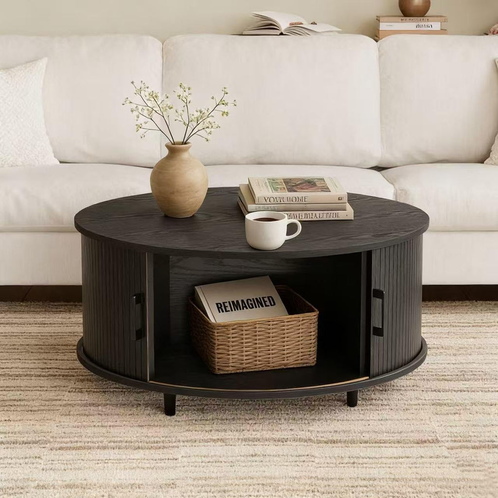 HOMPUS Round Coffee Table with Storage, 31.5' Mid Century Modern Coffee Table with 360° Sliding Door, Fluted Wooden Coffee Table with Adjustable Footpads, Center Table for Living Room, Black