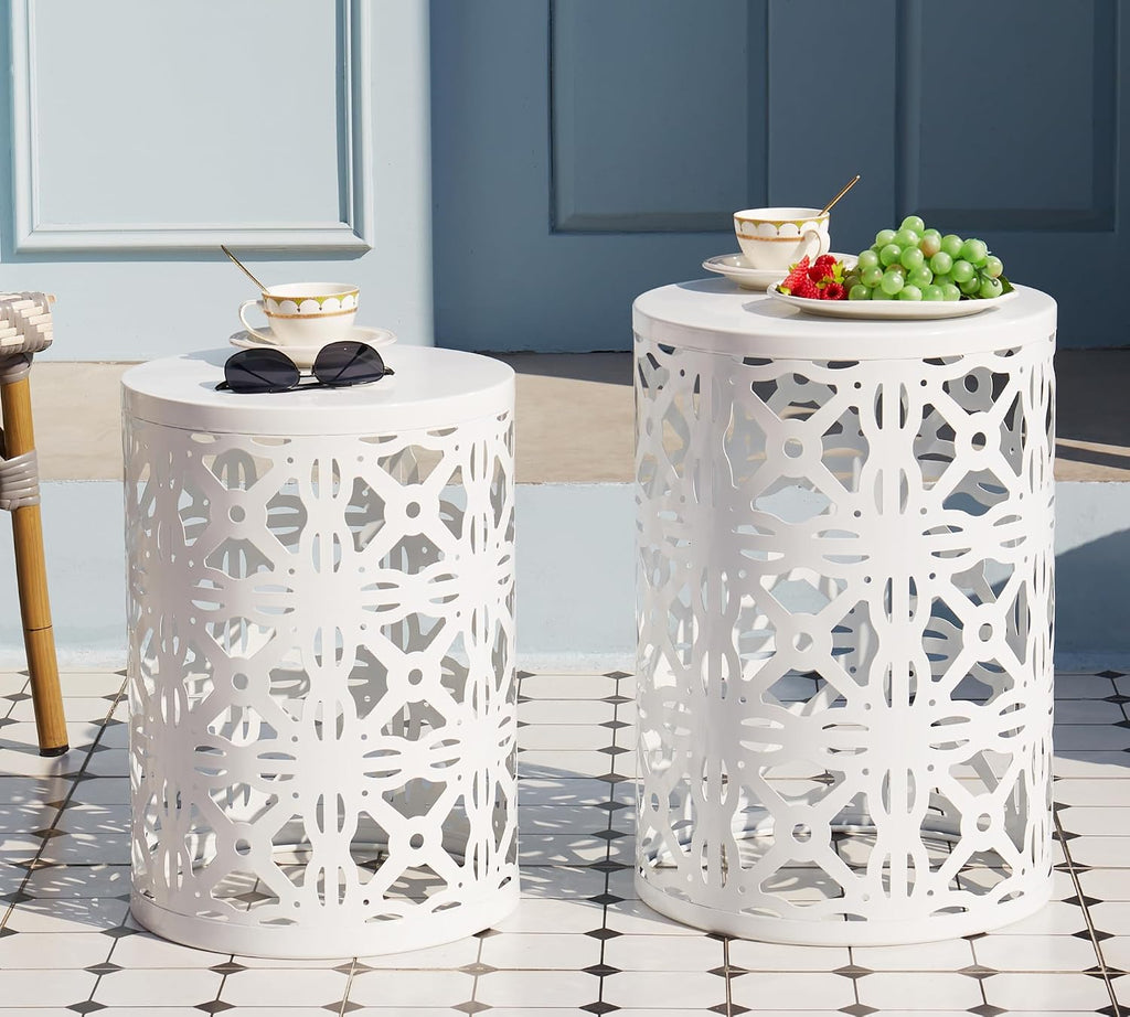 HFHOME Set of 3 Metal Outdoor Side Table, Nesting Round Coffee Table for Indoor Outdoor, Heavy Duty End Tables Plant Stand Living Room Garden Stool - White