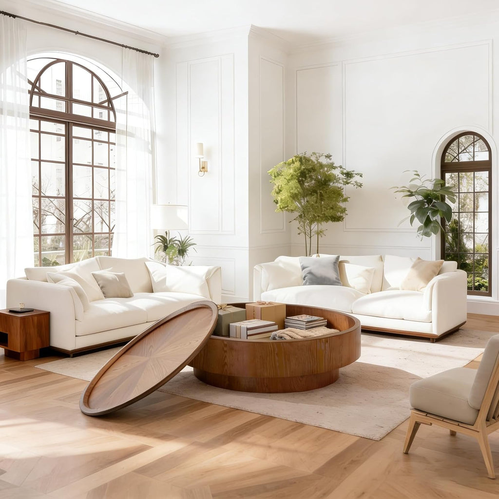 39.4'' Round Storage Coffee Table, Modern Drum Coffee Tables with Solid Wood Veneer, Wooden Circle Center Table for Living Room, Small Spaces, and Apartments, Easy Assembly
