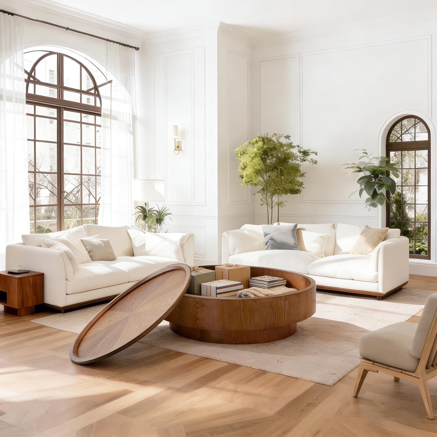 39.4'' Round Storage Coffee Table, Modern Drum Coffee Tables with Solid Wood Veneer, Wooden Circle Center Table for Living Room, Small Spaces, and Apartments, Easy Assembly