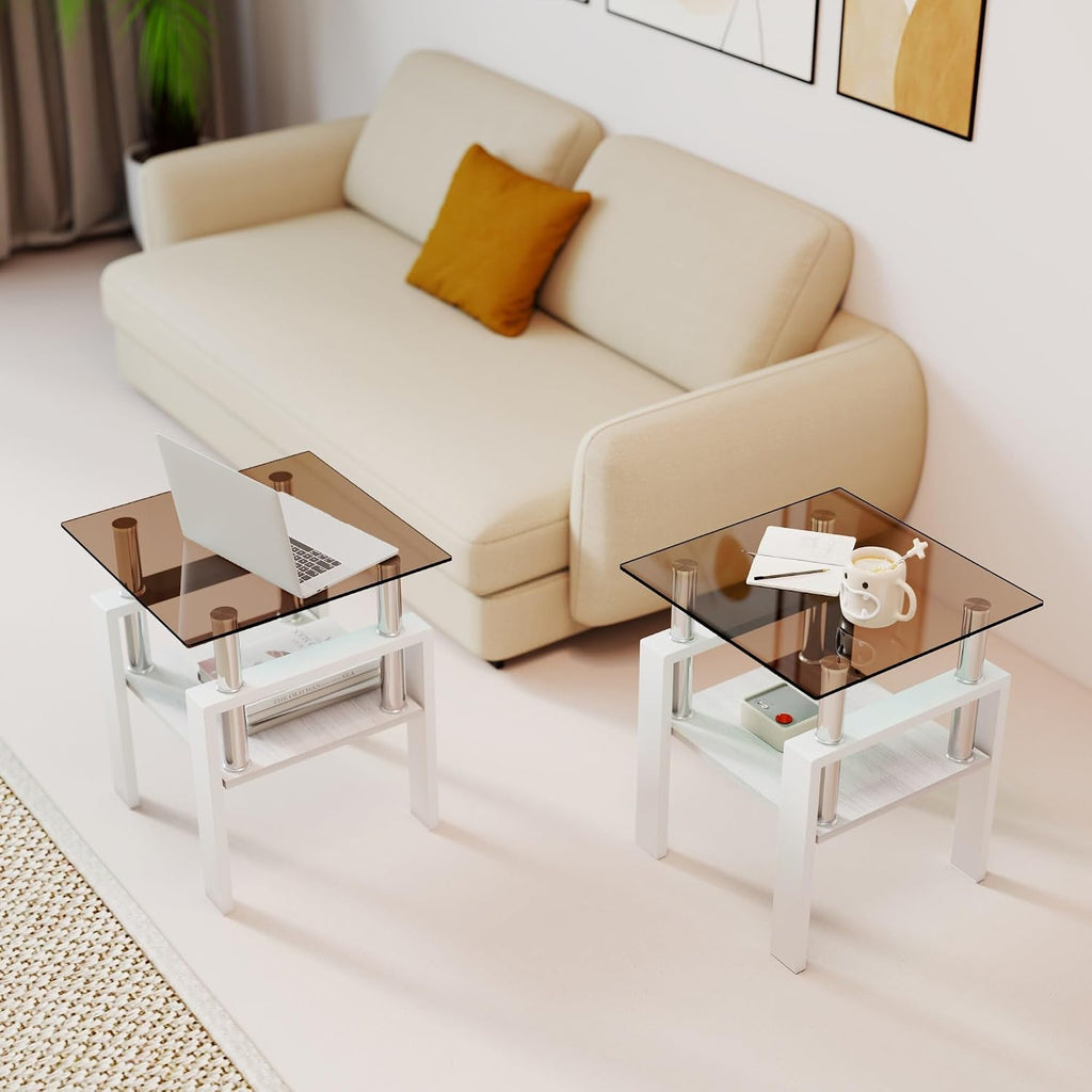 Glass Coffee Table Sets of 3 for Living Room, Mordern End Table Sofa Side Tables with Storage, White Metal Leg, Brown Glass Tabletop Rectangle Tempered Center Table Home Furniture Set