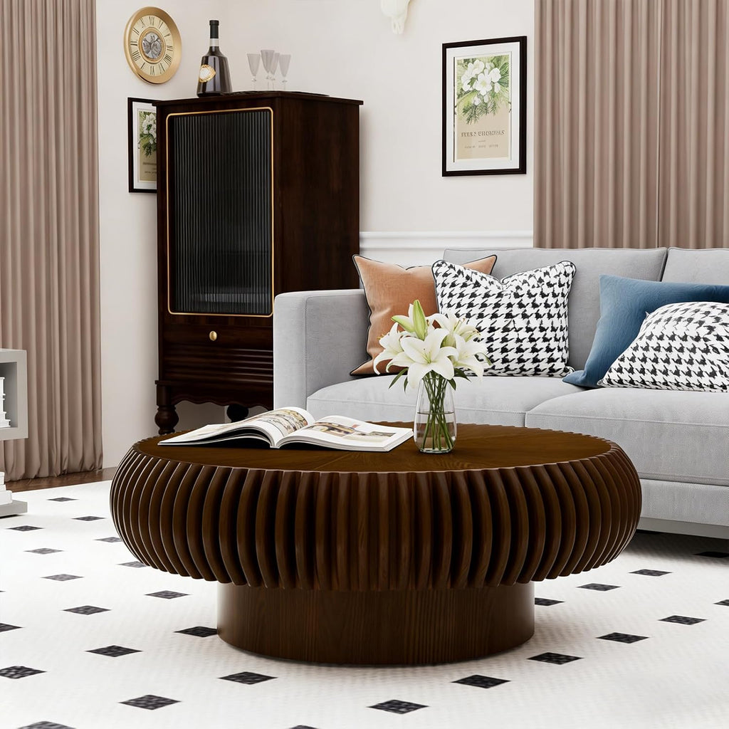 Round Drum Coffee Table Modern Coffee Tables Fluted Coffee Table Circle Center Table Pedestal End Table for Living Room Bedroom(31.5in Walnut)