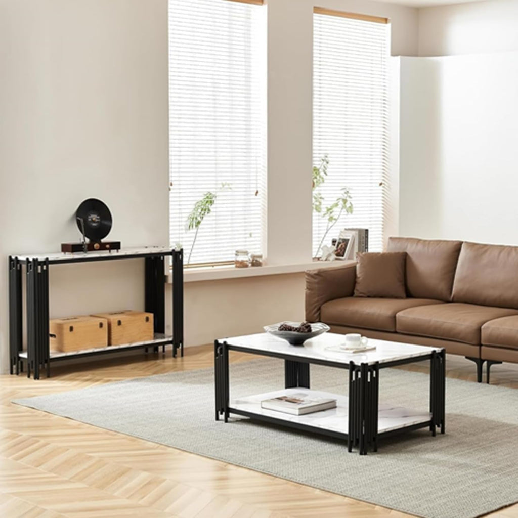 White Marble Coffee Table Set of 2 - Faux Marble Coffee and Console Tables With Chrome Metal I-Base, Luxury 2 Piece Living Room Set for Bedroom Home Office