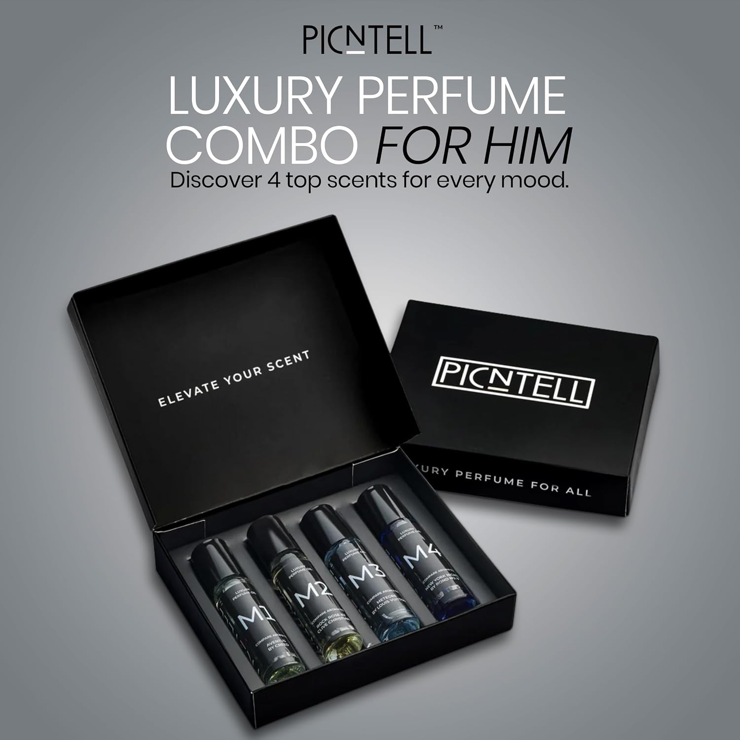 M Series Perfume Oil Gift Set for Men – Top 4 Iconic Roll-On Fragrance Oil Formulas Based on Iconic Luxury Scents - Luxury Long-Lasting Men's Cologne, Travel-Friendly 10ml Each