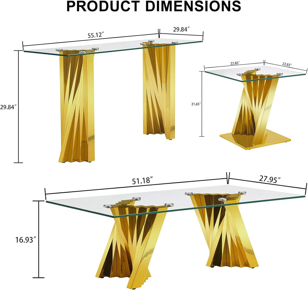 2 Pieces Modern Living Room Table Set, Glass Coffee Table & Console Table with Flash-Shaped Stainless Steel Base (Gold)