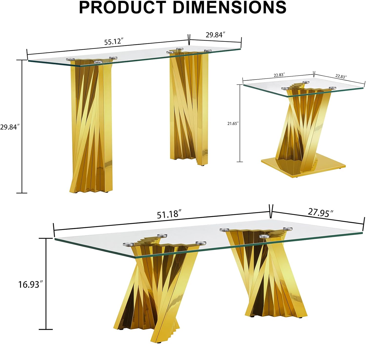 2 Pieces Modern Living Room Table Set, Glass Coffee Table & Console Table with Flash-Shaped Stainless Steel Base (Gold)