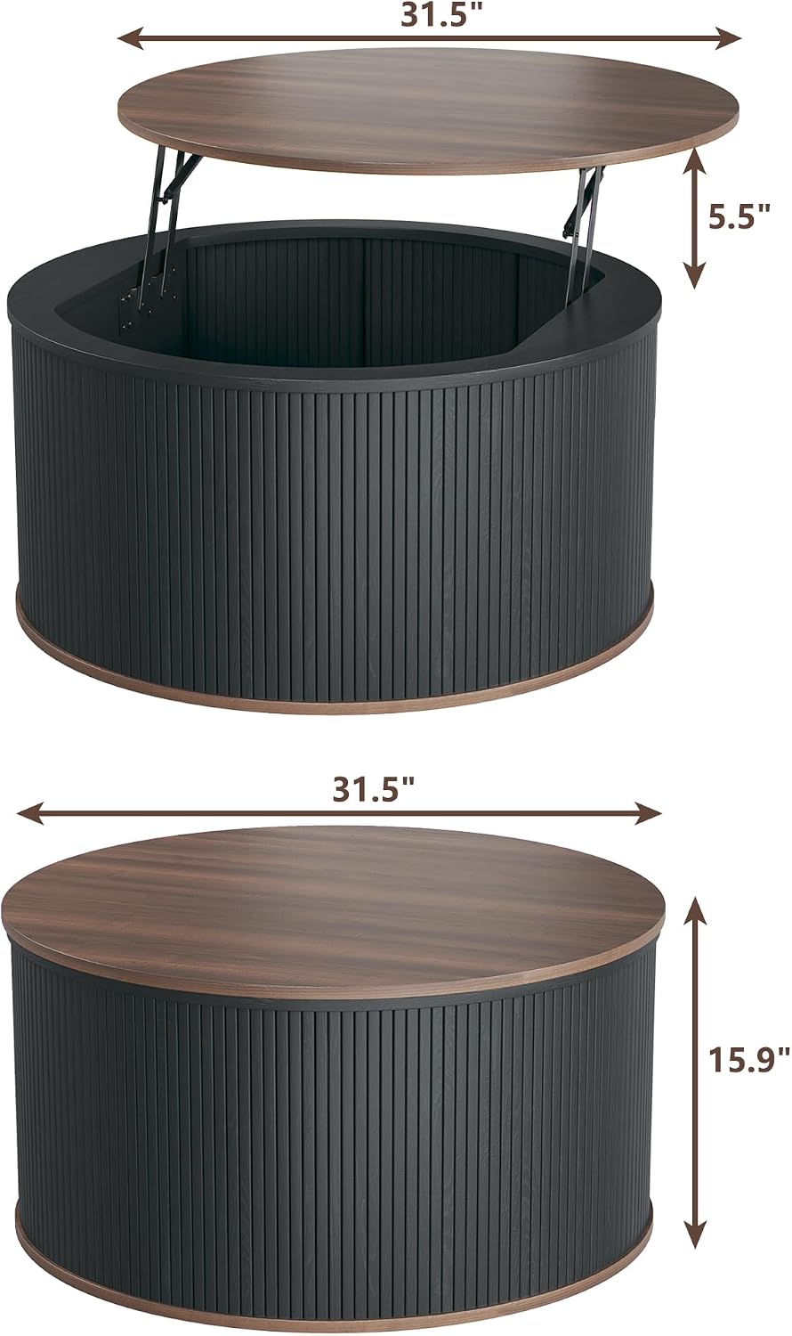 HUAHUU Round Coffee Table with Storage, 31.5' Lift Top Coffee Table, Mid Century Modern Coffee Tables for Living Room, Apartment Office, Fluted Table with Rustic Wood Desktop