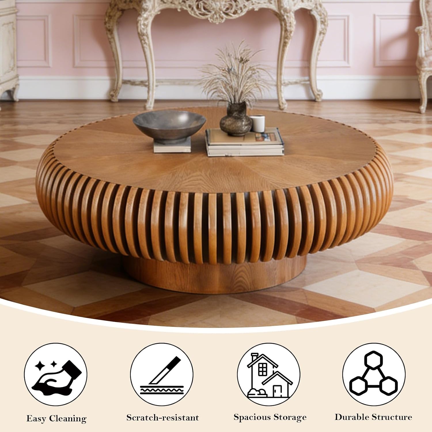 31.49' Round Fluted Coffee Table Unique Contemporary Wood Low Circle Drum Tea Tables with Sturdy Pedestal for Small Space (D Brown 31.49in)
