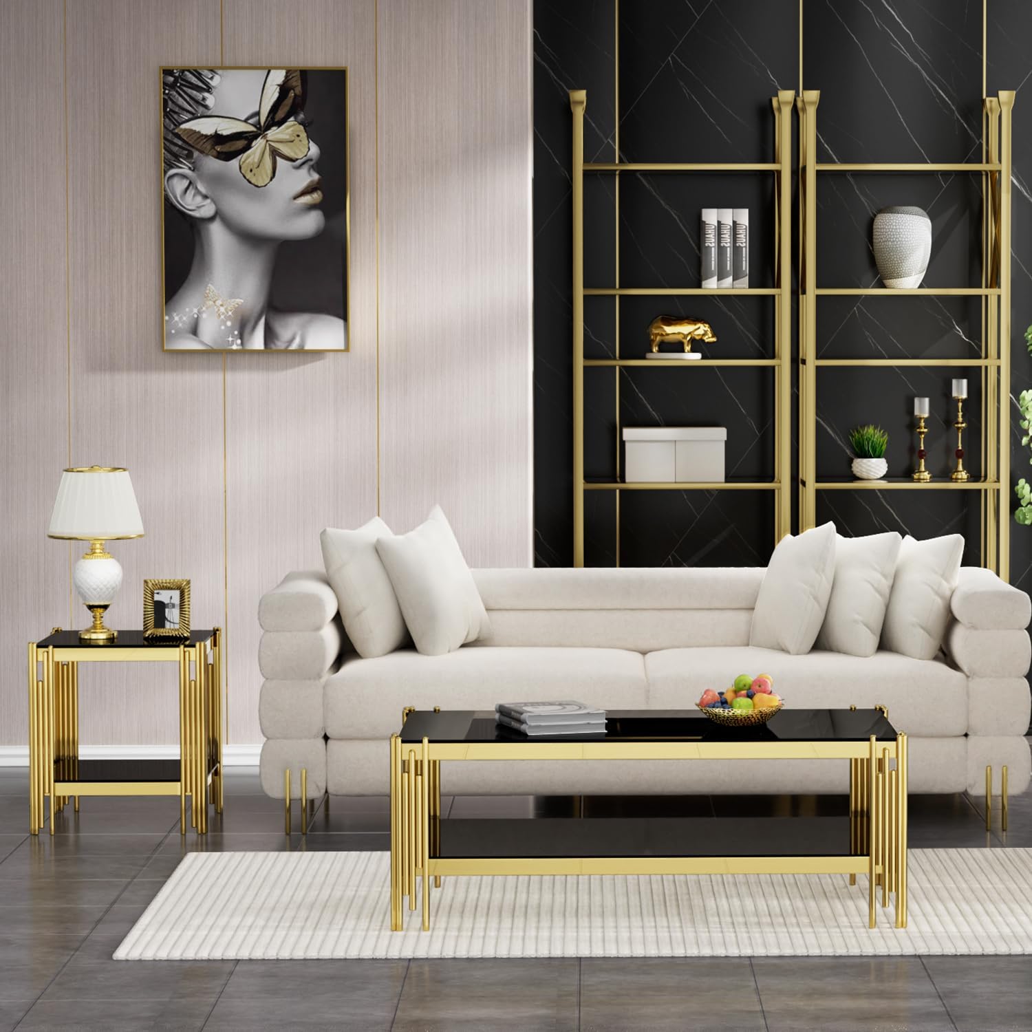 SSLine 2-Piece Living Room Table Set, Modern Black Glass Coffee Table with 1 End Table, Luxury Rectangle 2-Tier Storage Coffee Table Set with Gold Stainless Steel Frame for Living Room