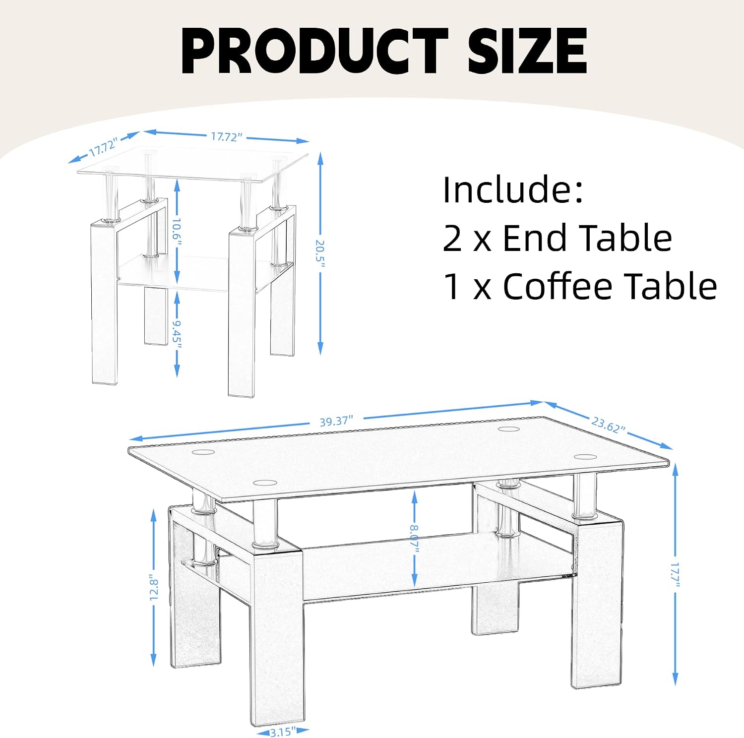 IANIYA 3 Piece Living Room Table Set, Modern Tempered Glass Coffee Table Set, Glass Coffee Table Black Metal Frame End Table for Living Room Apartment Small Space