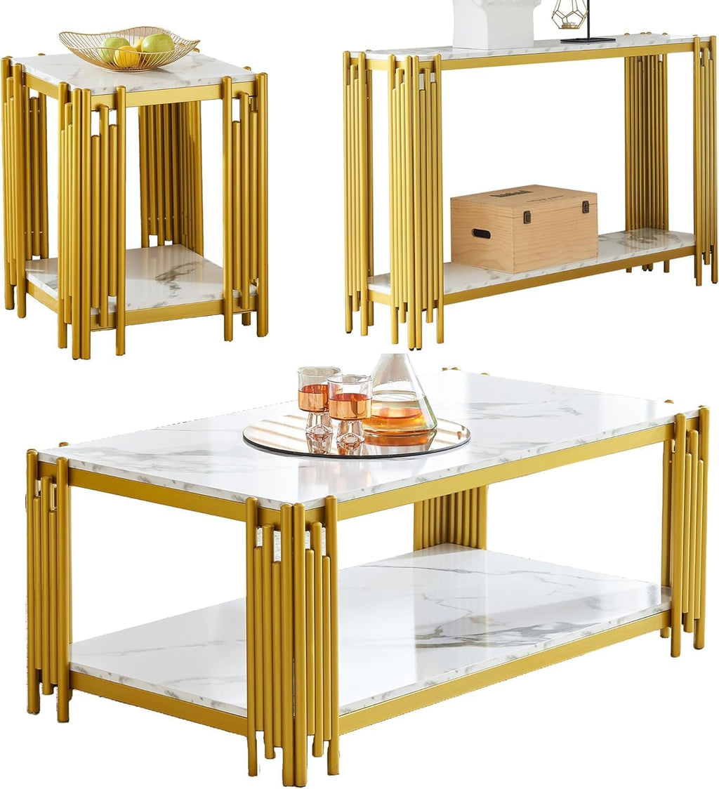 White Marble Coffee Table Set of 3, Faux Marble Coffee Tables, Console Table and End Tables with Gold Chrome Metal I-Base, Luxury Marble 3 Piece Living Room Table Set for Bedroom Home Office