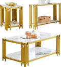 White Marble Coffee Table Set of 3, Faux Marble Coffee Tables, Console Table and End Tables with Gold Chrome Metal I-Base, Luxury Marble 3 Piece Living Room Table Set for Bedroom Home Office