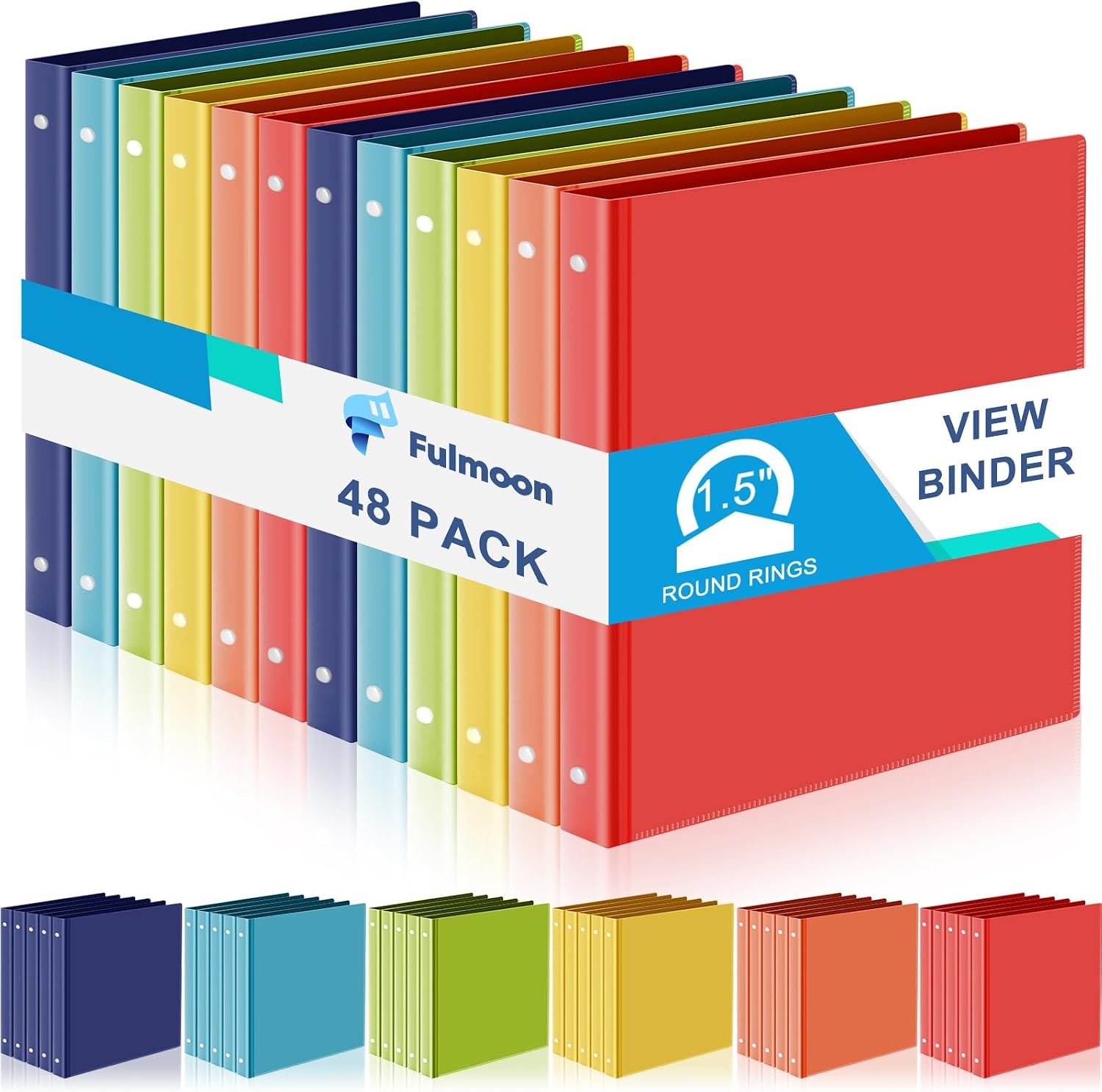 Fulmoon 48 Pack 3 Ring Plastic Binders 1.5 Inch Bulk with 2 Pockets, Flexible Binder Loose Leaf Hardcover, Fit 12' x 10' US Letter Size Paper, for School Office Home, 6 Colors(Vibrant)