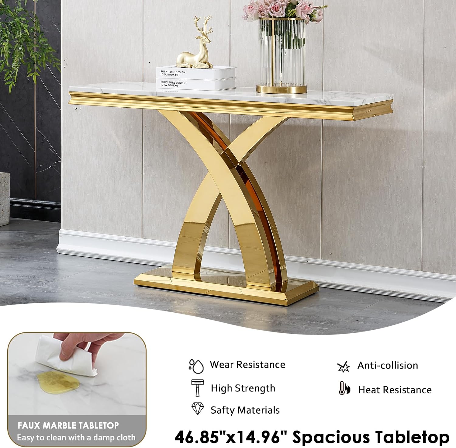 3 Pieces Living Room Table Set, Faux Marble Coffee Table Set of 3, Modern Coffee Table, Console Table and End Table with X-Shaped Stainless Steel Base for Living Room (White Gold)