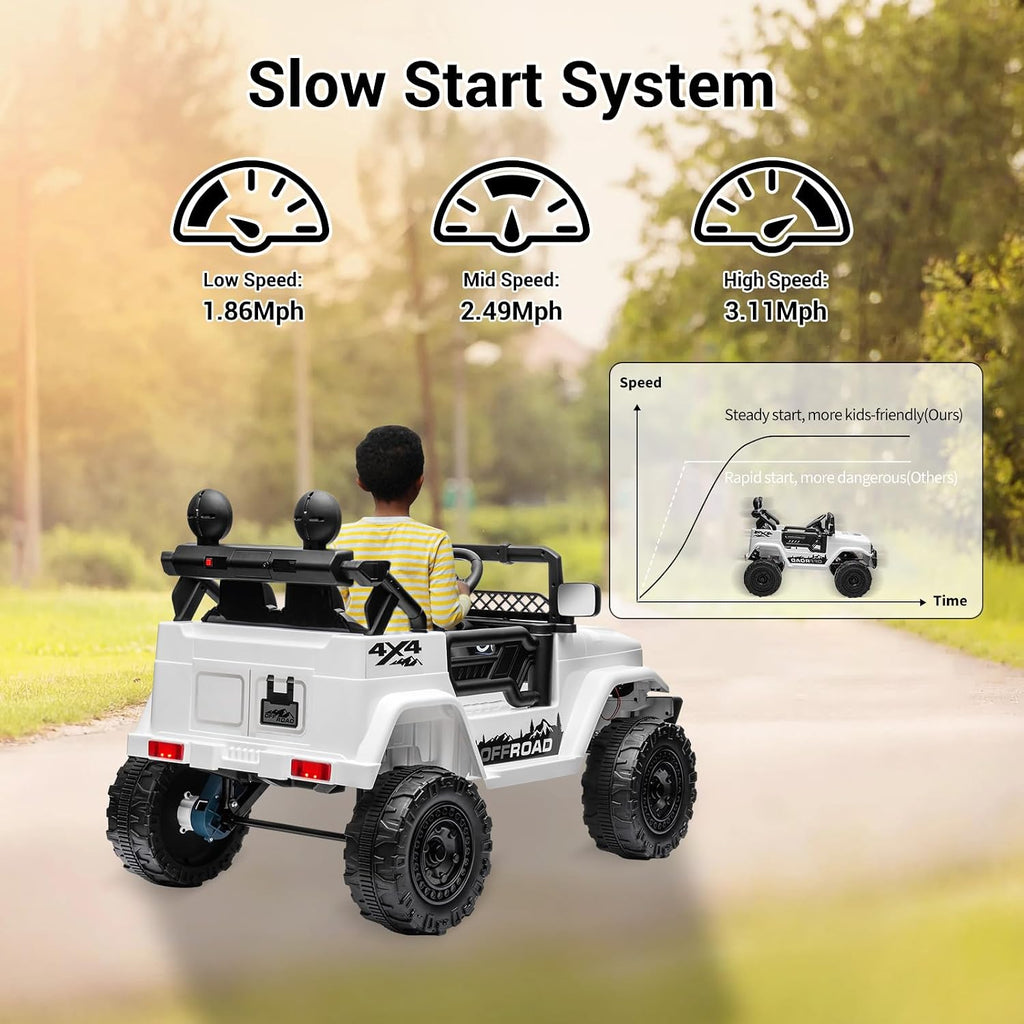 SEHOMY 12V Kids Ride On Truck with Parent Remote, 4 Wheelers Battery Powered Electric Toys Car for Kids - 3 Speed, Spring Suspension, LED Lights, Safety Start, Music, Kids Electric Vehicles White