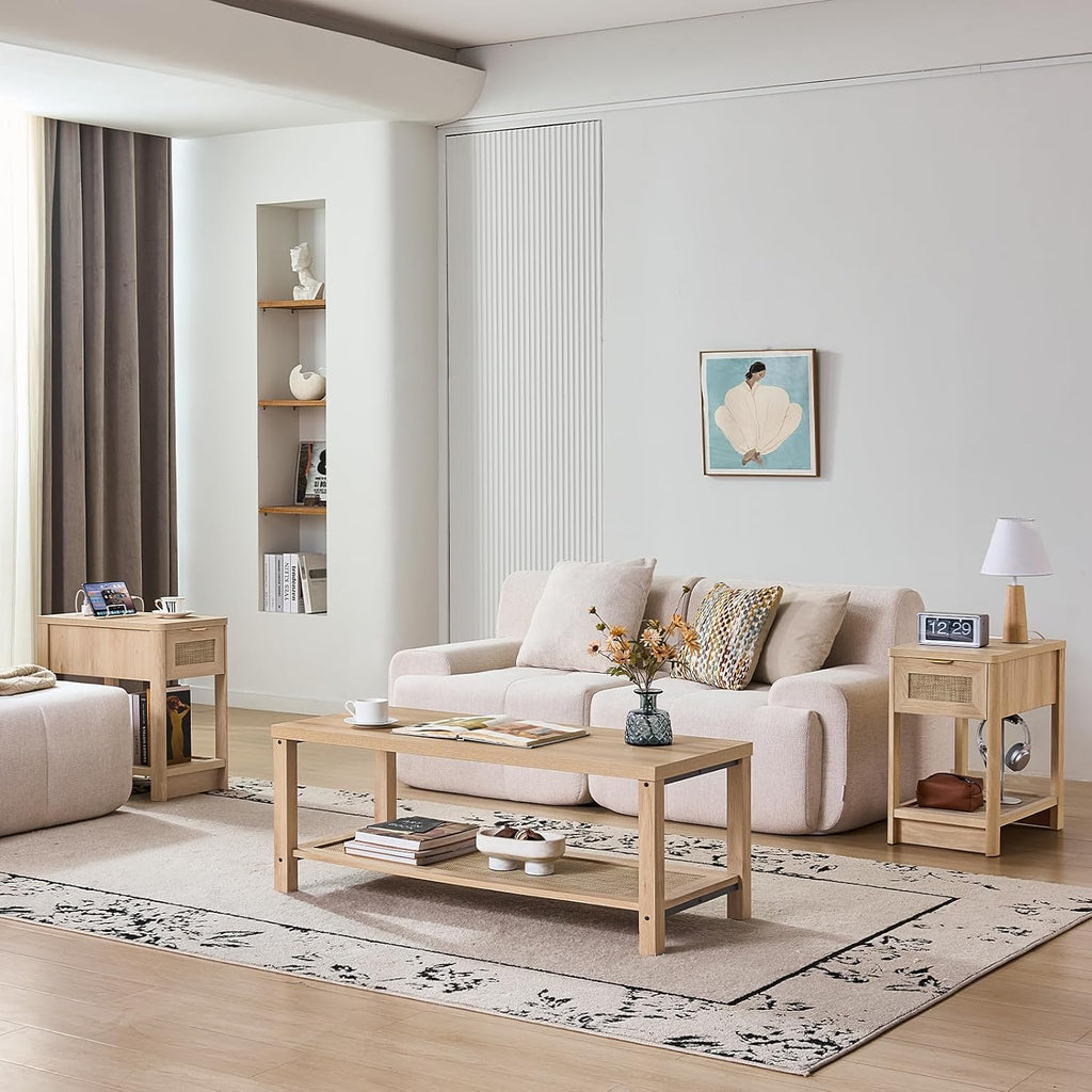 Lerliuo Boho Coffee Table Set of 3, Rattan Coffee and End Table Sets with Charging Station, Living Room Table Set with Open Shelf for Living Room, Natural Wood
