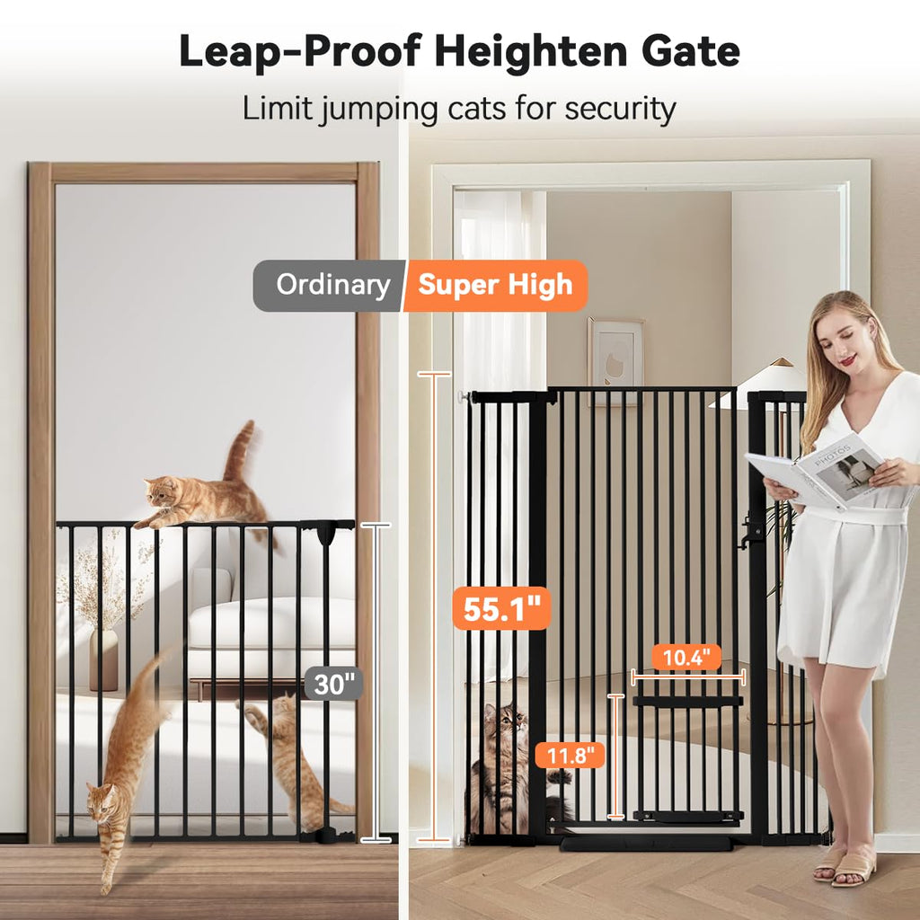 COMOMY 55.1' Extra Tall Pet Gate for Cats, 29.5-43' Extra Wide Cat Gate with Adjustable Cat Door, Pressure Mounted Easy Walk Through Pet Gate with Door for Stairs, Doorways, Kitchen(Black)