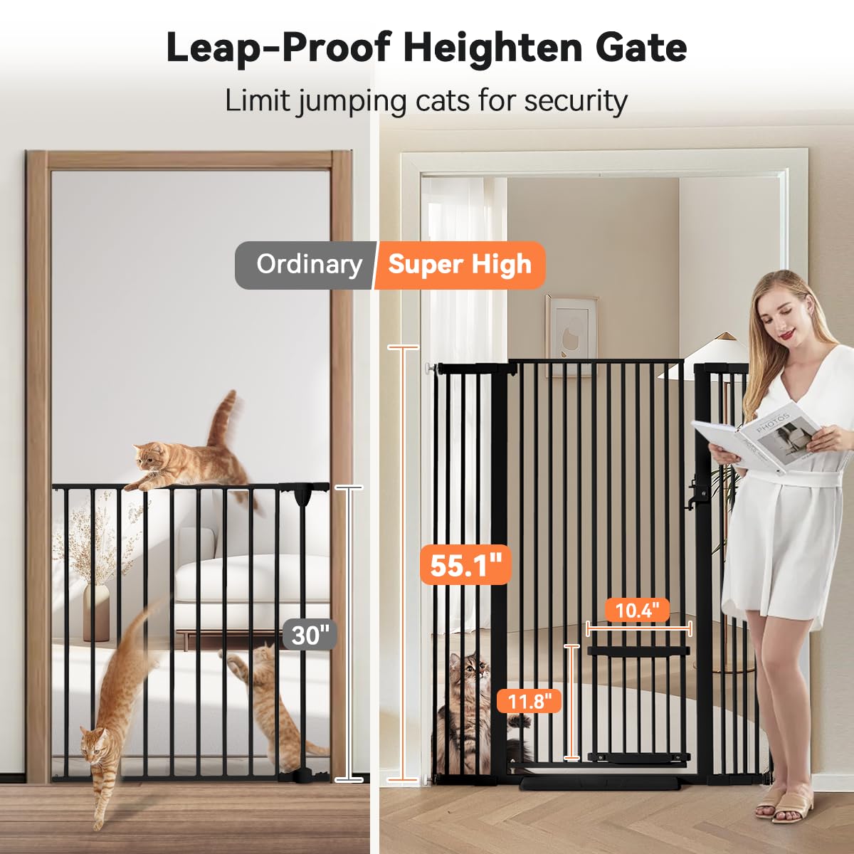 COMOMY 55.1' Extra Tall Pet Gate for Cats, 29.5-43' Extra Wide Cat Gate with Adjustable Cat Door, Pressure Mounted Easy Walk Through Pet Gate with Door for Stairs, Doorways, Kitchen(Black)