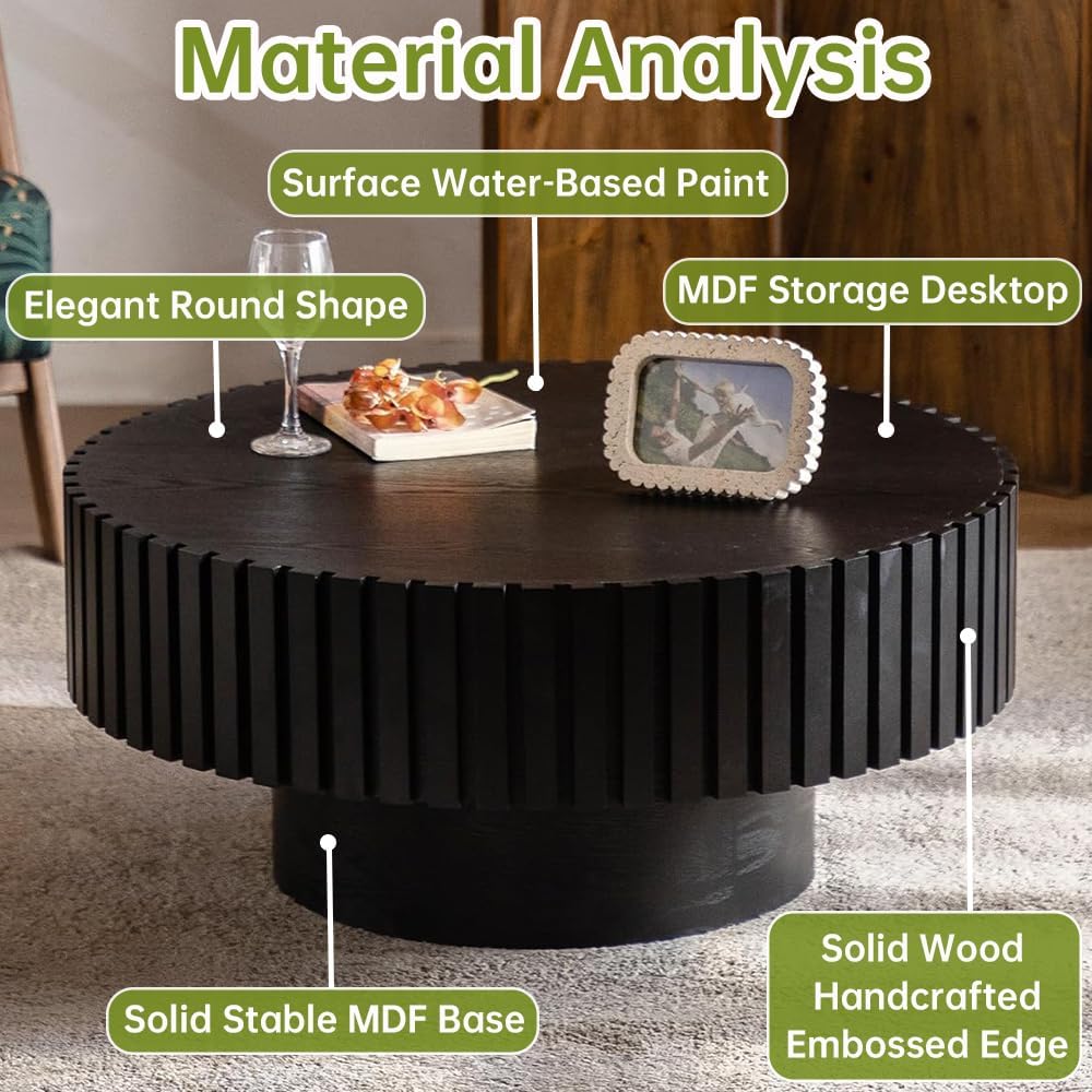 Round Fluted Coffee Table Round Drum Coffee Table for Living Room Modern Circular Pedestal Center Table (Circle Black 31.5in)