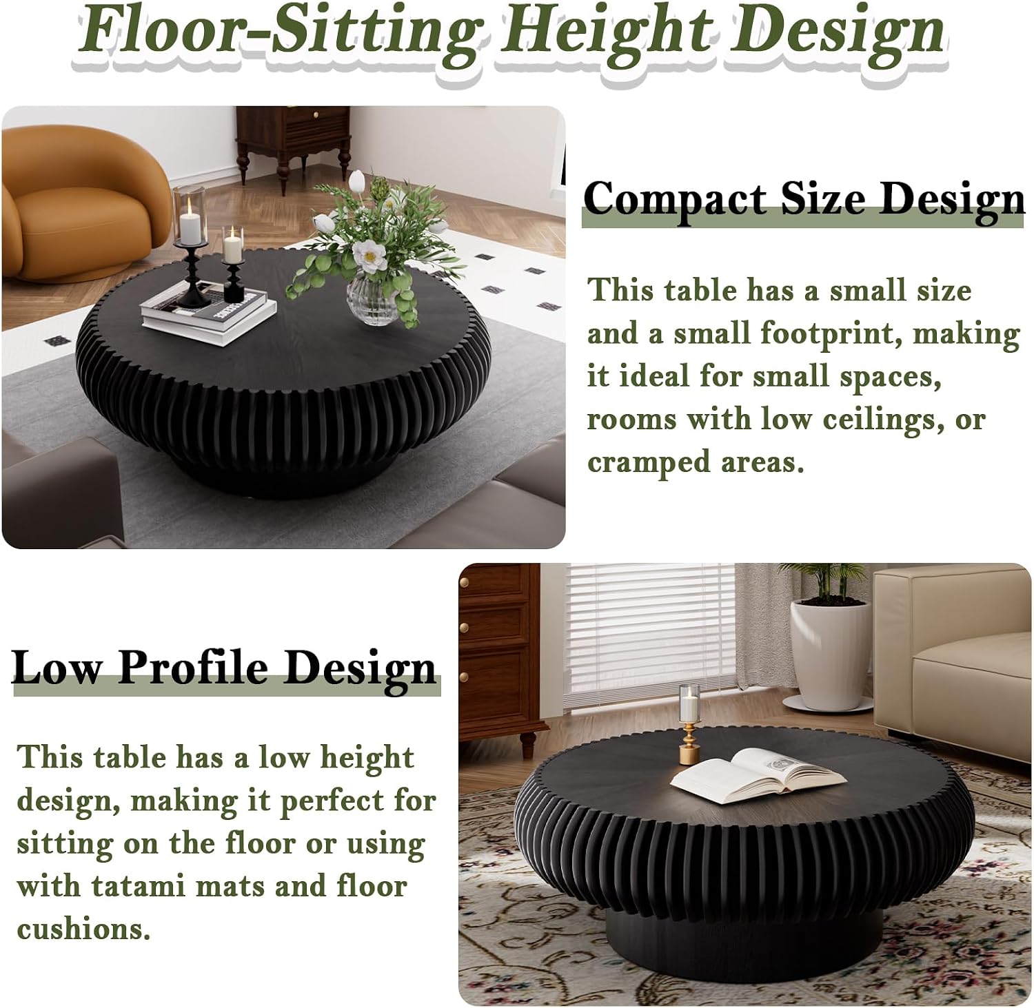 Round Fluted Drum Coffee Table Modern Round Black Fluted Coffee Table Low Circle Coffee Tables for Living Room (Black A, 31.4')