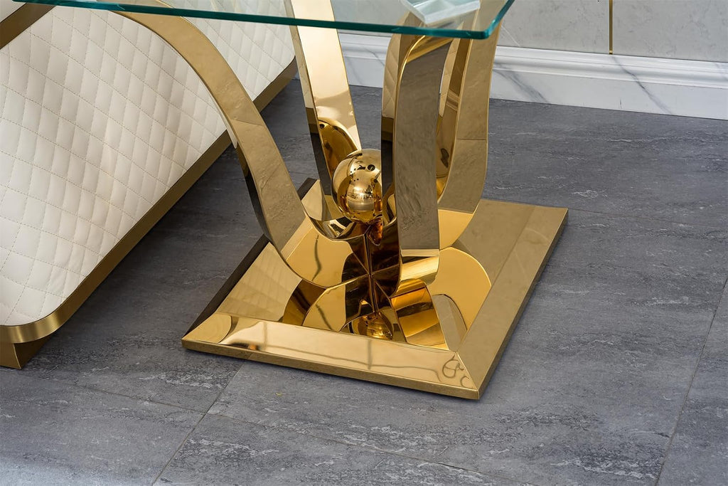 Modern Glass End Table Small Side Table with Gold Gorgeous Stainless Steel Base Square Glass Nightstand End Table Small Bedside Table Couch Sofa Table for Living Room Bedroom