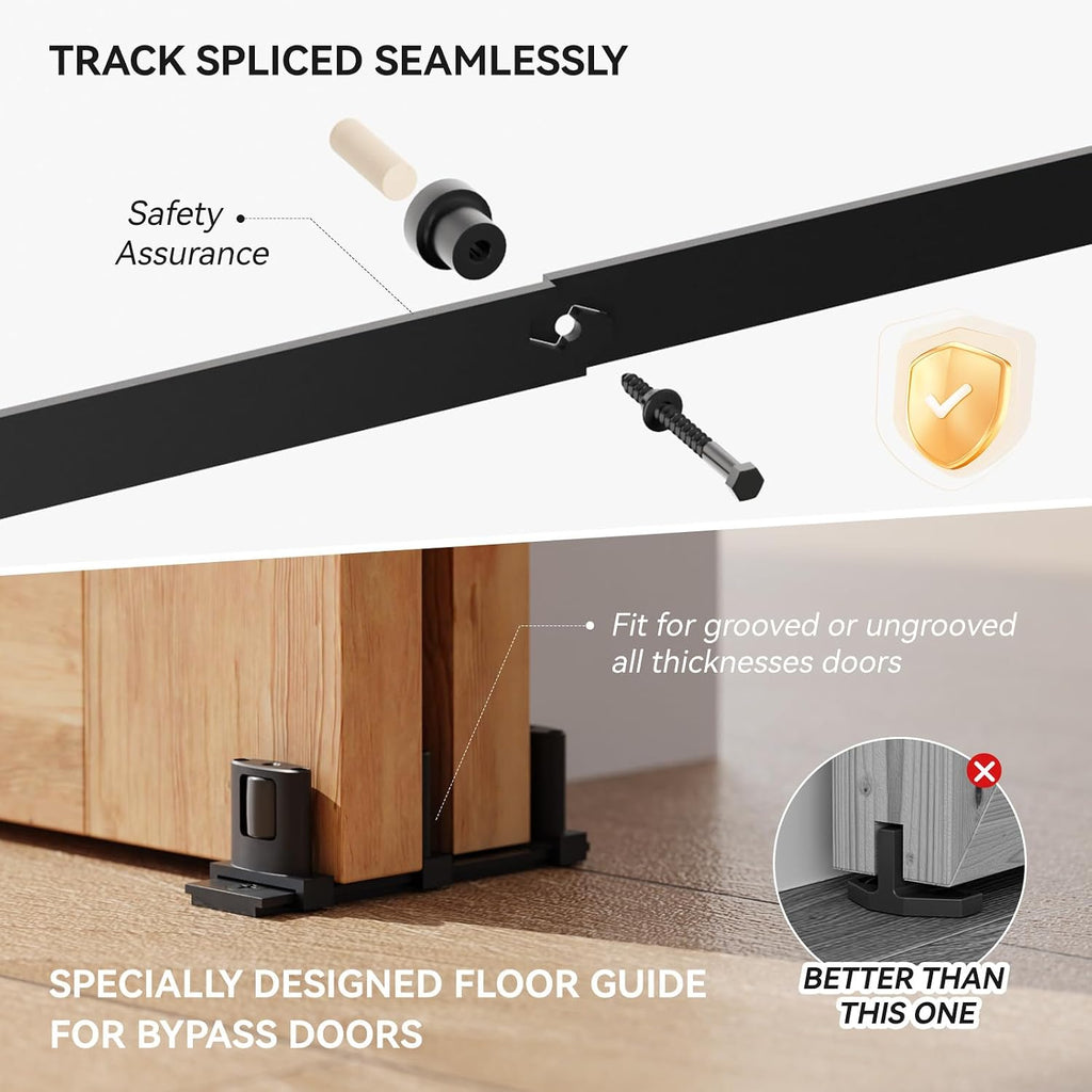 10 Feet Bypass Sliding Barn Door Hardware Kit for Double Wooden Doors-Single Track with Bypass Door Floor Guide