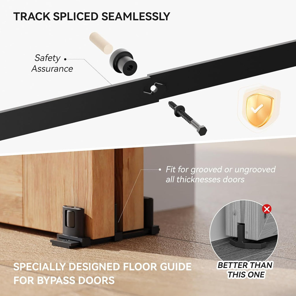 12 Feet Bypass Sliding Barn Door Hardware Kit for Double Wooden Doors-Single Track with Bypass Door Floor Guide