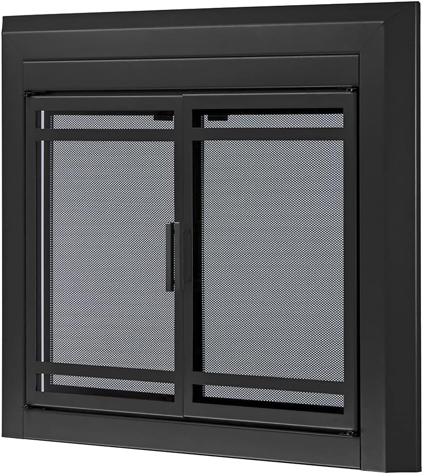 UniFlame - Kendall - Cabinet-Style Fireplace Doors with Smoke Tempered Glass (Color: Black, Size: Large - Fits Opening 36in to 43in W x 25.5in to 32.5in H)
