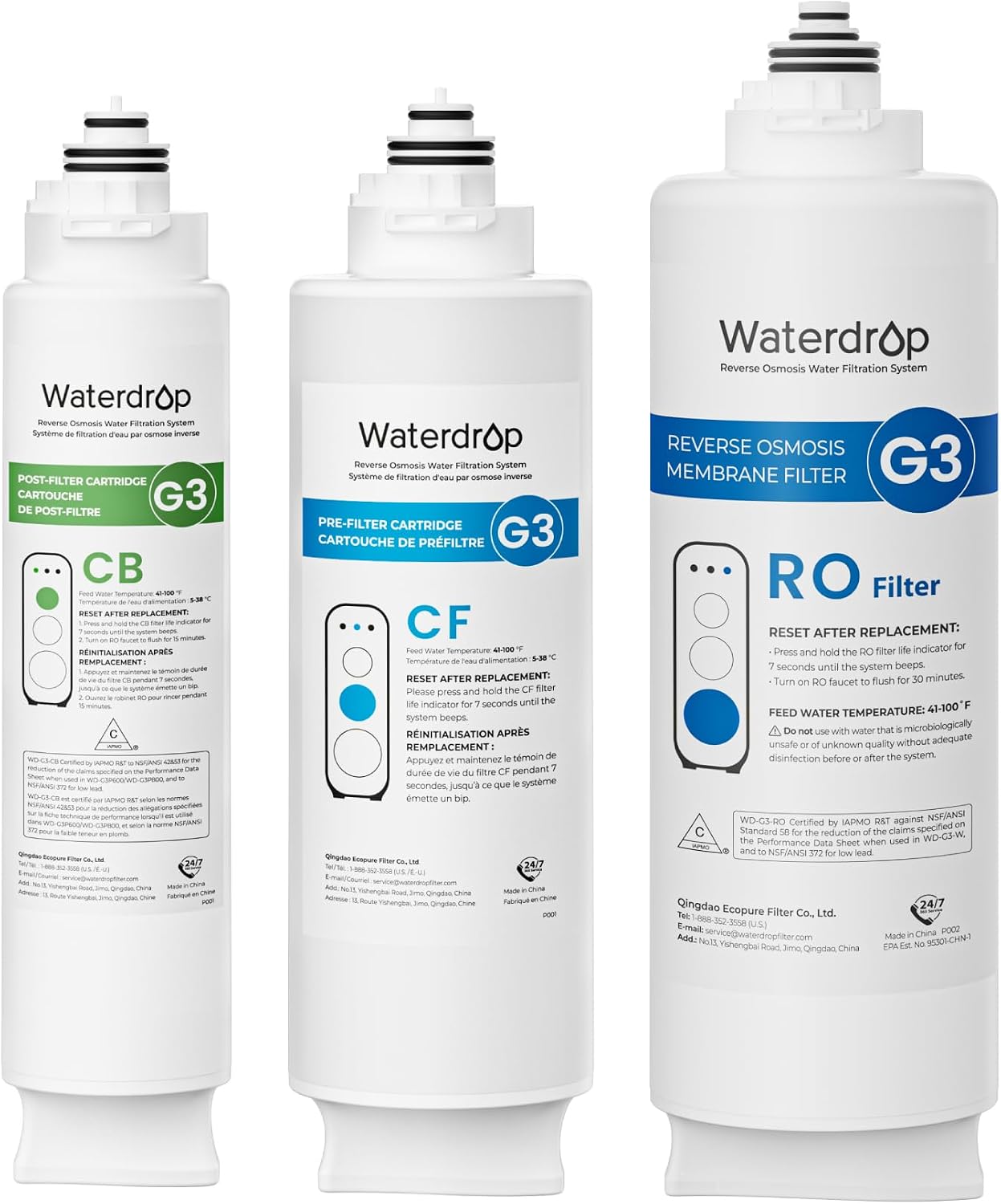 Waterdrop G3-CFCBRO Filter, Replacement for Waterdrop G3-W 400 GPD Reverse Osmosis System, Pack of 1 G3-N1CF, 1 G3-N3CB, and 1 G3-N2RO Set Filter