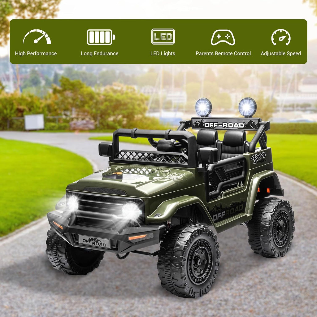 SEHOMY 12V Kids Ride On Truck with Parent Remote, 4 Wheels Battery Powered Electric Car for Kids Toys - 3 Speed, Spring Suspension, LED Lights, Safety Start, Music, Kids Electric Vehicles Dark Green
