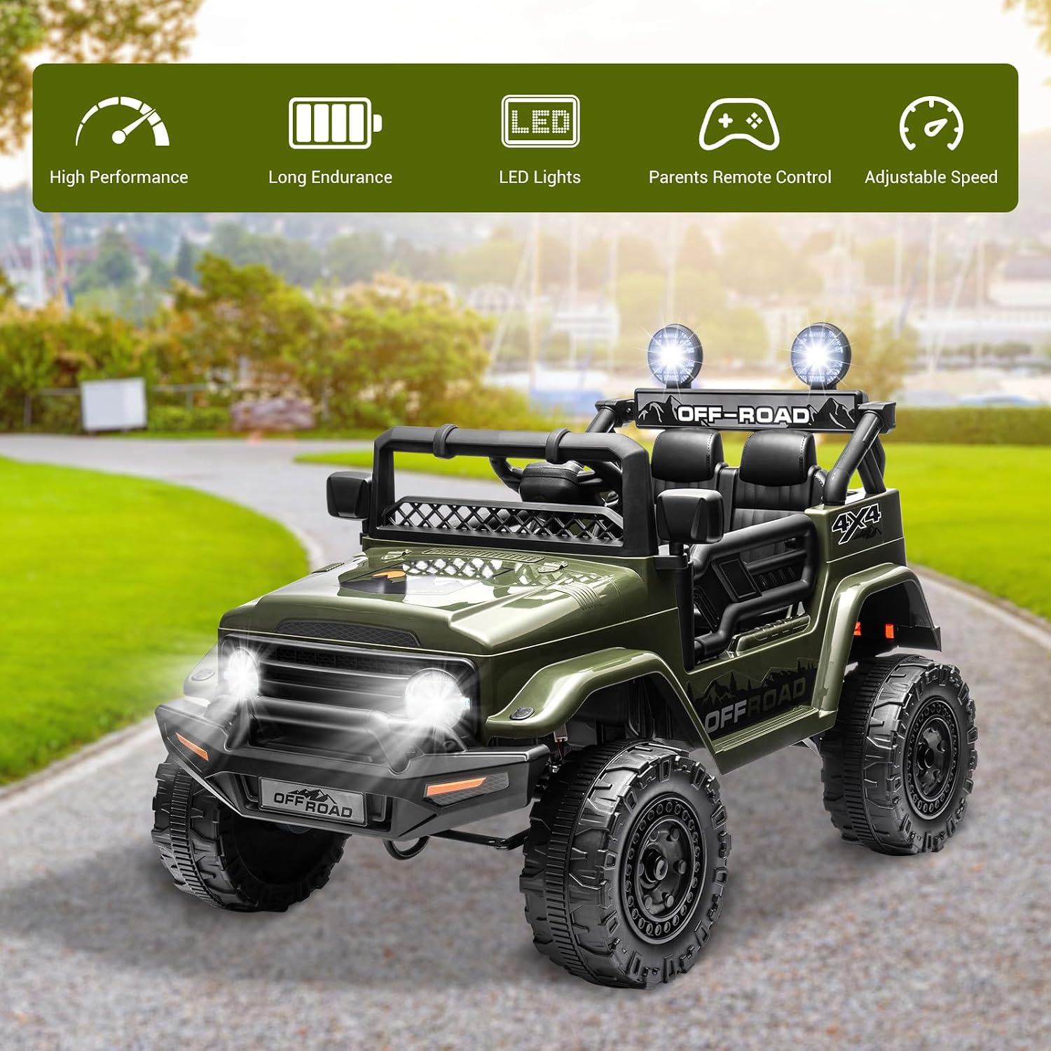 SEHOMY 12V Kids Ride On Truck with Parent Remote, 4 Wheels Battery Powered Electric Car for Kids Toys - 3 Speed, Spring Suspension, LED Lights, Safety Start, Music, Kids Electric Vehicles Dark Green