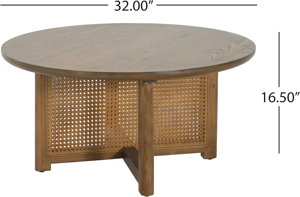 Christopher Knight Home Kiaya Round Coffee Table with PE Woven Design, Wood Coffee Tables for Living Room, Stylish Indoor Round Table, Easy Assembly, Versatile Living Room Furniture, Natural Brown