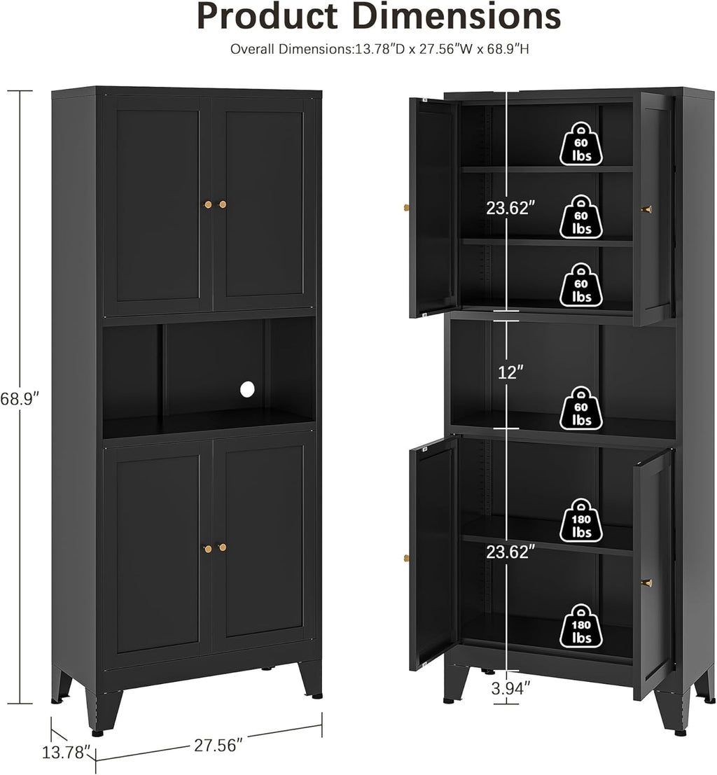 69' H Kitchen Pantry Cabinet with Countertop,Kitchen Hutch Cabinet with Storage,Black Metal Storage Cabinet,Microwave Cabinet,