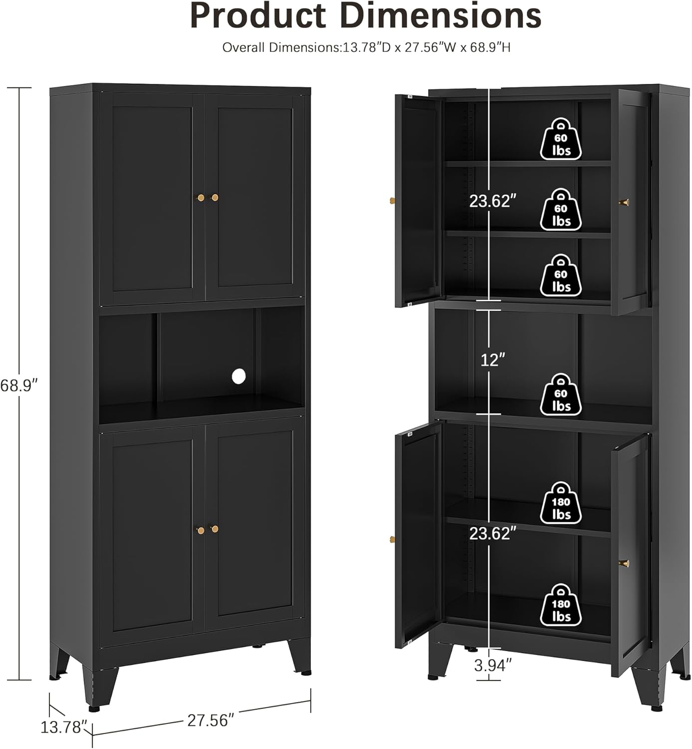 69' H Kitchen Pantry Cabinet with Countertop,Kitchen Hutch Cabinet with Storage,Black Metal Storage Cabinet,Microwave Cabinet,