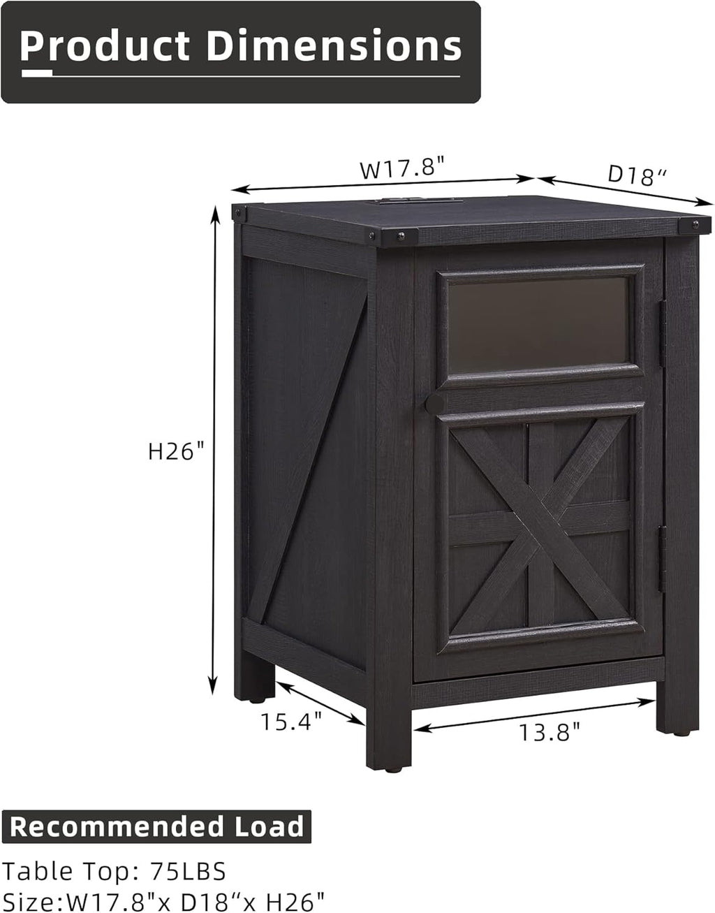 JXQTLINGMU Farmhouse End Table with Charging Station, 18'' Rustic Nightstand with Barn Door & Adjustable Shelf, Wooden Sofa Side Table with 3-Tier Storage for Living Room, Bedroom, Black