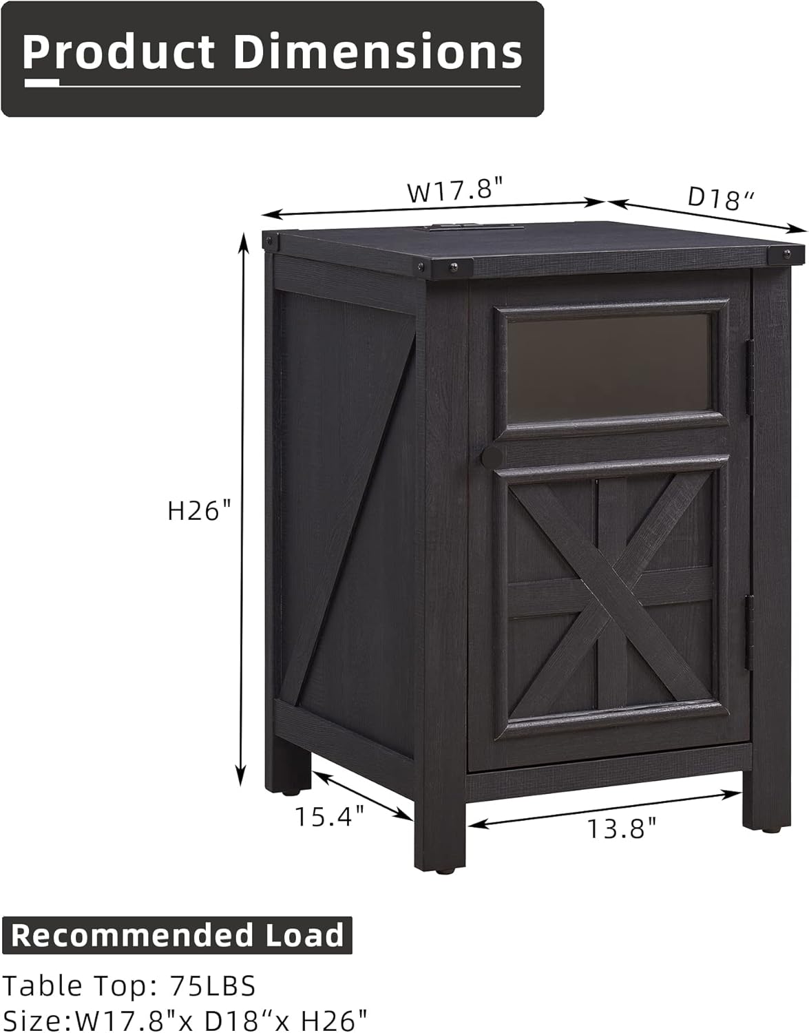 JXQTLINGMU Farmhouse End Table with Charging Station, 18'' Rustic Nightstand with Barn Door & Adjustable Shelf, Wooden Sofa Side Table with 3-Tier Storage for Living Room, Bedroom, Black