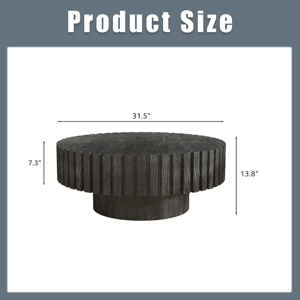 Round Wood Coffee Table for Living Room Modern Rustic Fluted Coffee Table Pedestal Center Table Circle Tea Tables for Apartment Easy Assembly 31.5'' Black