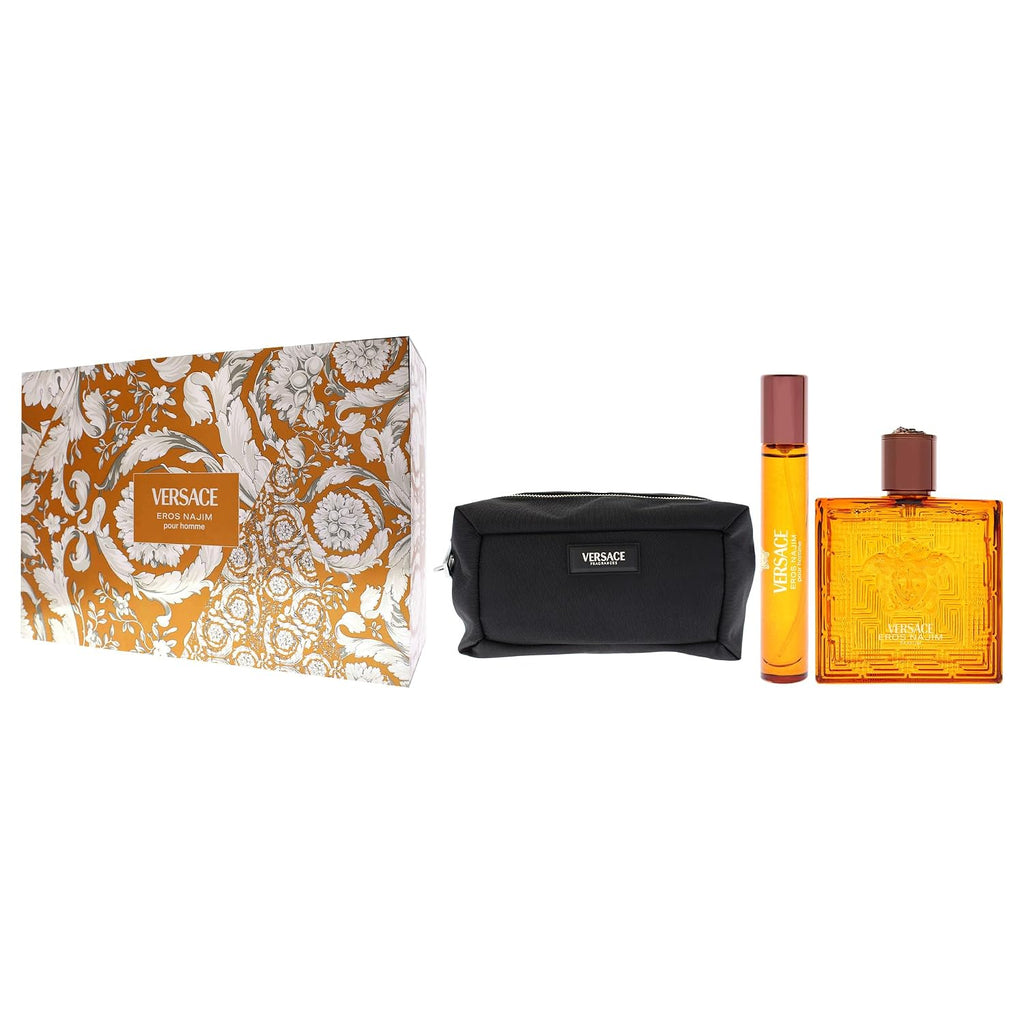 Eros Najim by Versace for Men - 3 Pc Gift Set 3.4oz Parfum Spray, 0.3oz Parfum Spray (Mini), Pouch