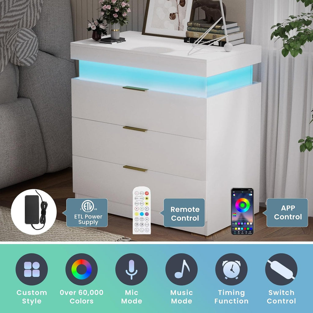 Modern LED Nightstand with Charging Station, 3 Drawers, RGB Lighting, Built-in Power Hub, White End Table, 28.8W x 17D x 30.5H inches (White)